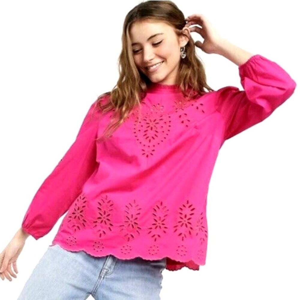 J Crew Women Embroidered Eyelet Blouse Top S Pink Boho Cottage Preppy Coquette